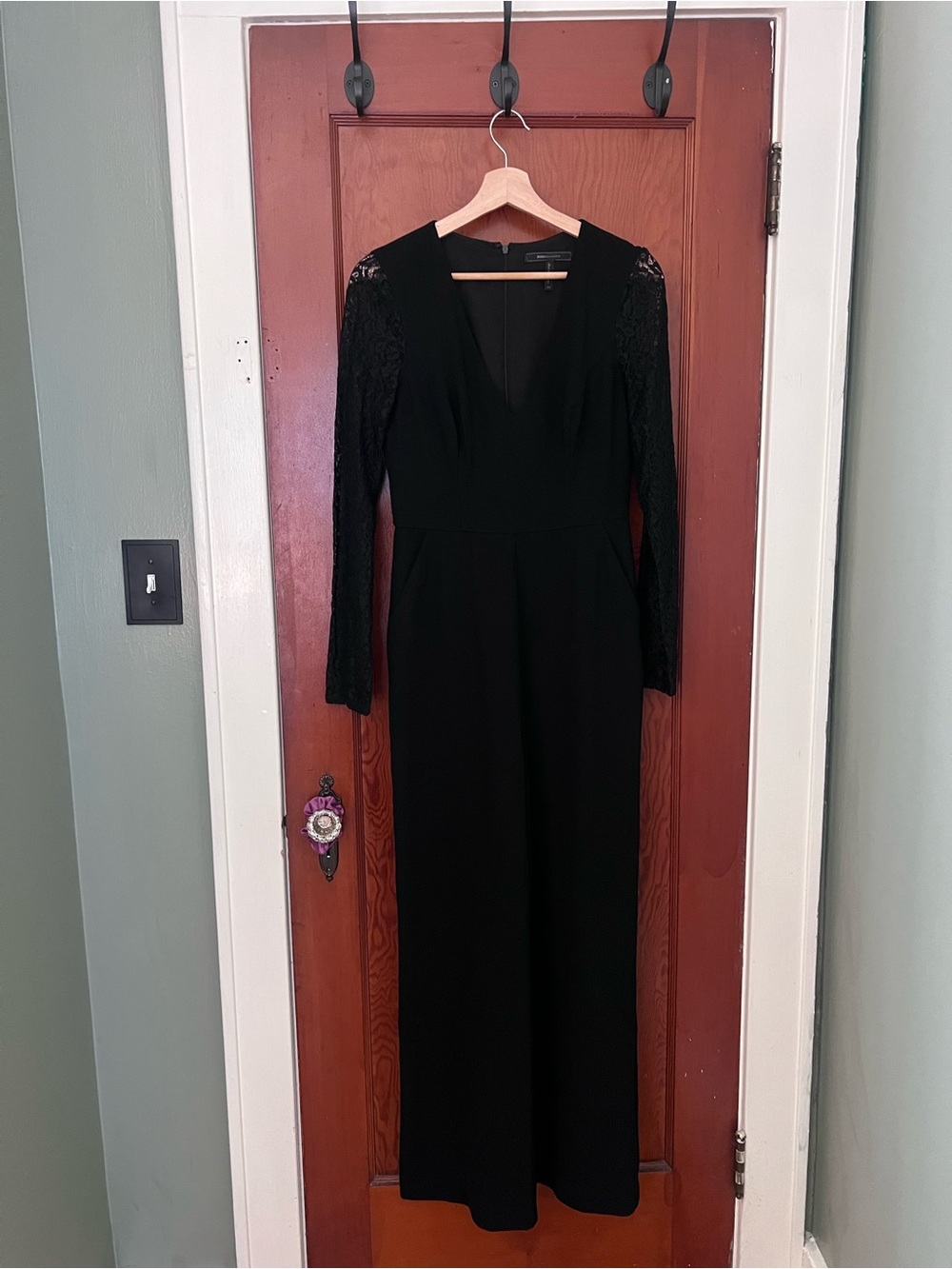 BCBGMaxAzria Black Long-Sleeve Lace-Panel Gown